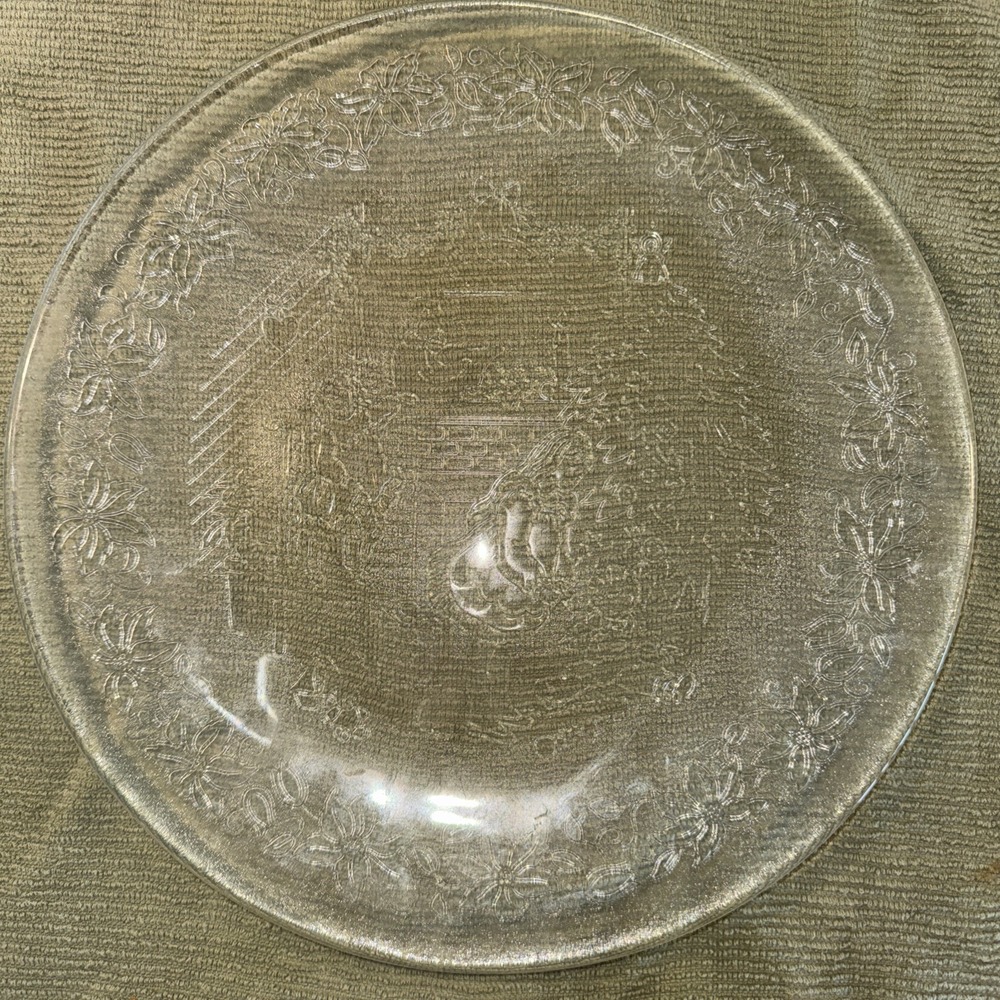 Vintage Tempered Glass Embossed Christmas Morning‎ Plate Platter Poinsettia Tree